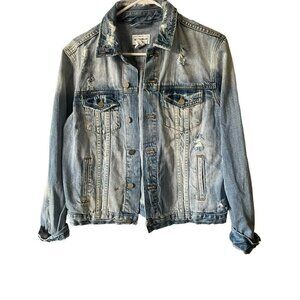 FOR THE REPUBLIC WOMENS CASUAL DENIM JEANS JACKET DISTRESSED SIZE MEDIUM STUDDED